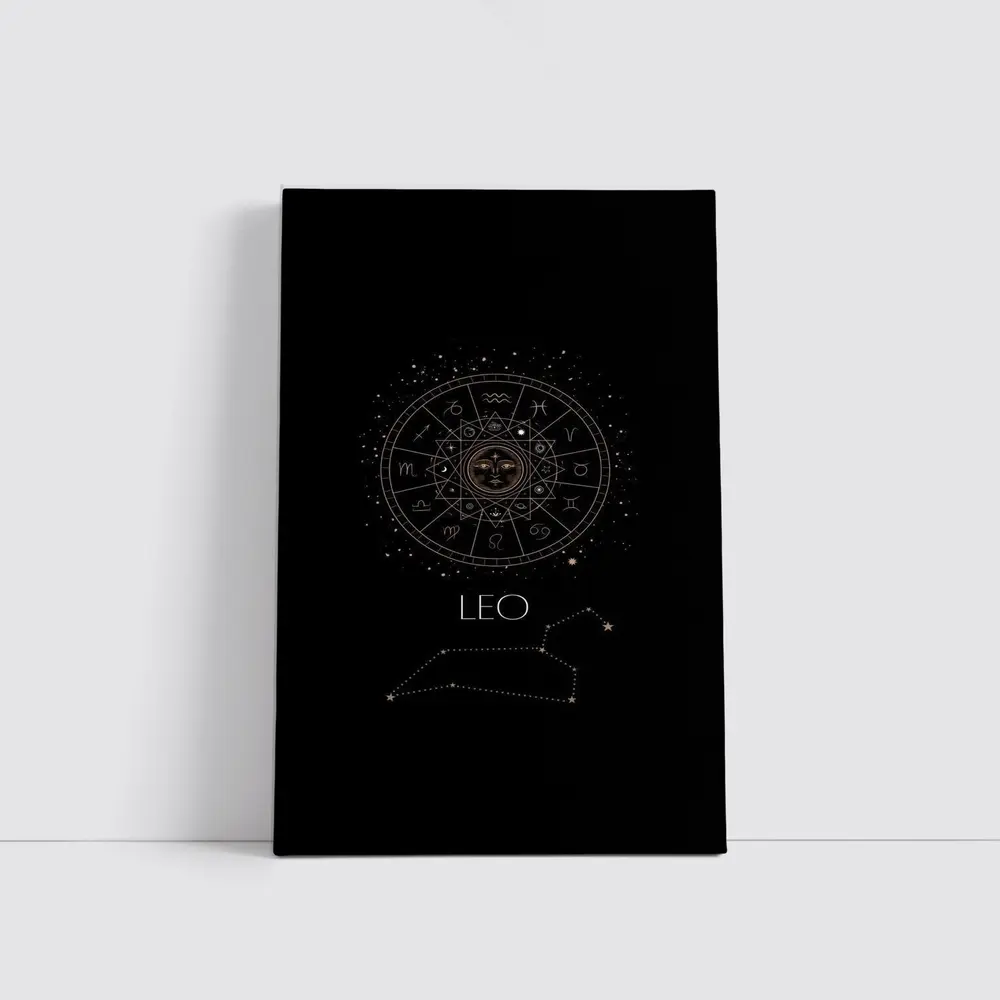 Leo Zodiac Wheel Constellation Black Background – Wall Art