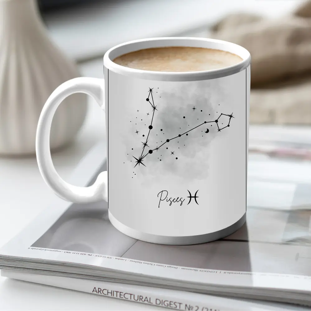 Pisces Constellation Watercolor Gray Minimal Art – Mugs