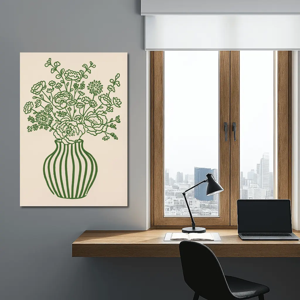 Green Line Art Floral Vase Beige Background – Wall Art