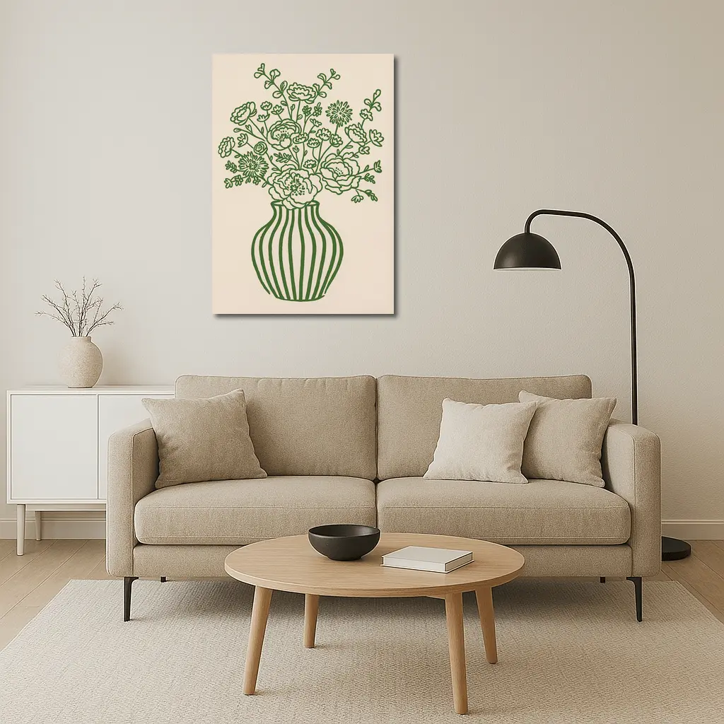 Green Line Art Floral Vase Beige Background – Wall Art
