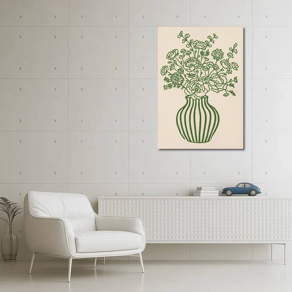 Green Line Art Floral Vase Beige Background – Wall Art