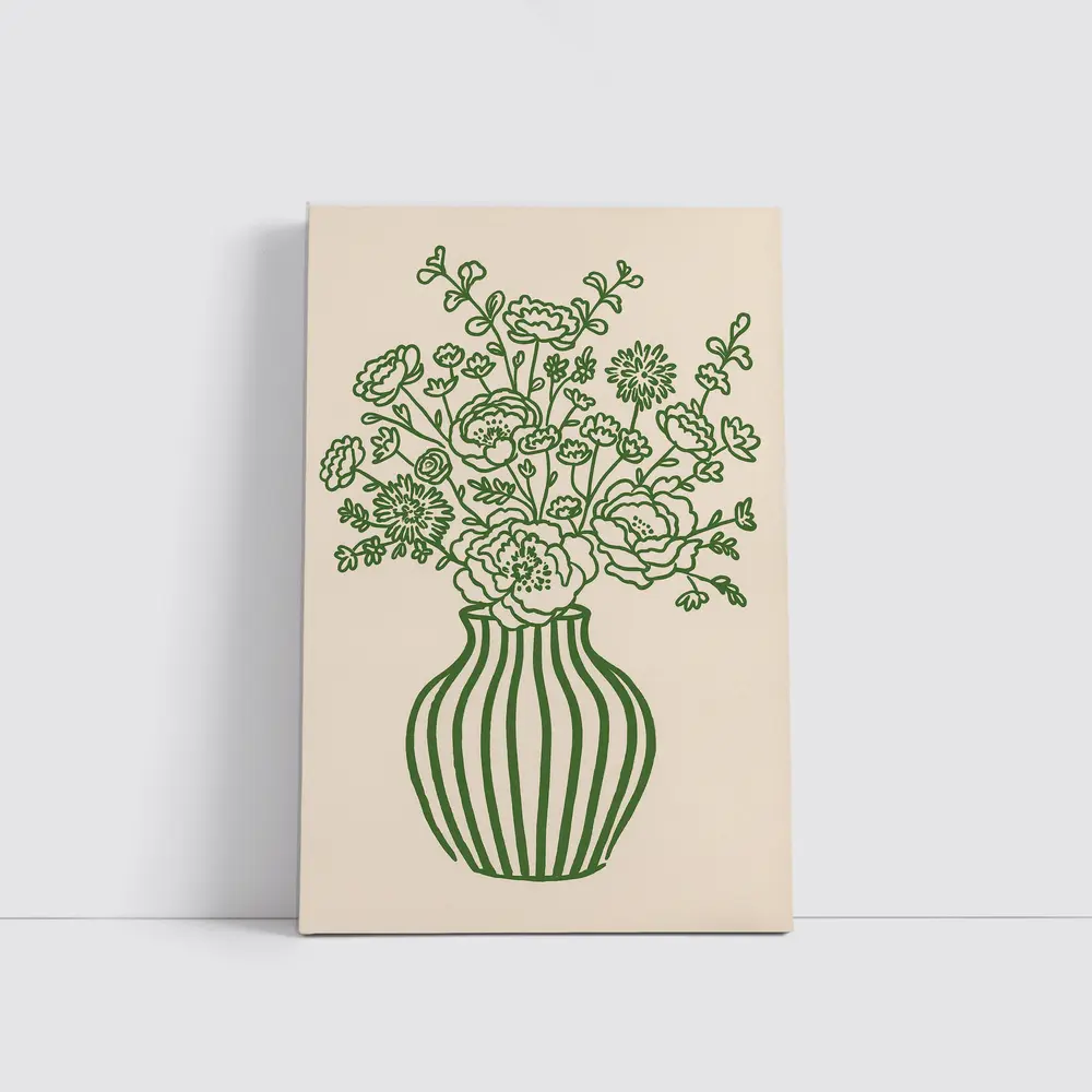 Green Line Art Floral Vase Beige Background – Wall Art