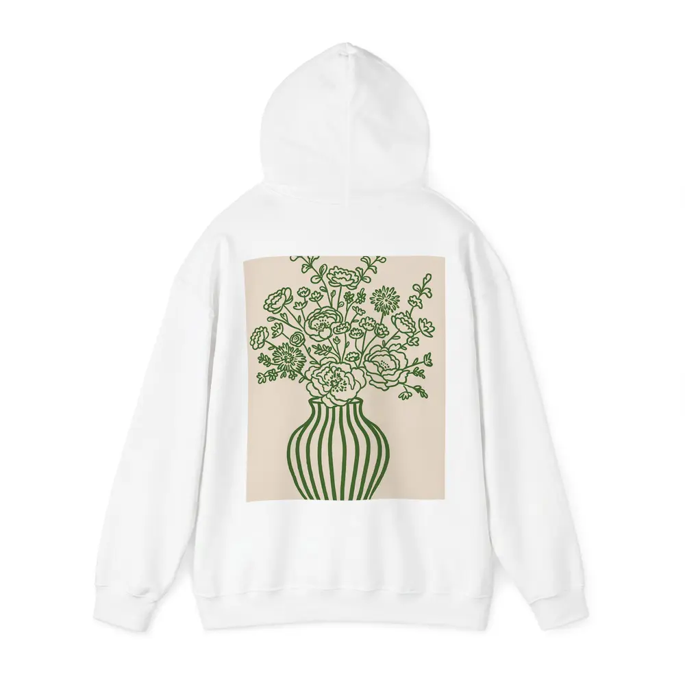 Green Line Art Floral Vase Beige Background – Hoodies