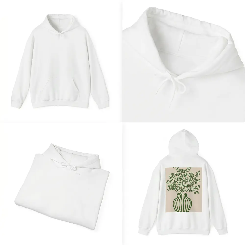 Green Line Art Floral Vase Beige Background – Hoodies