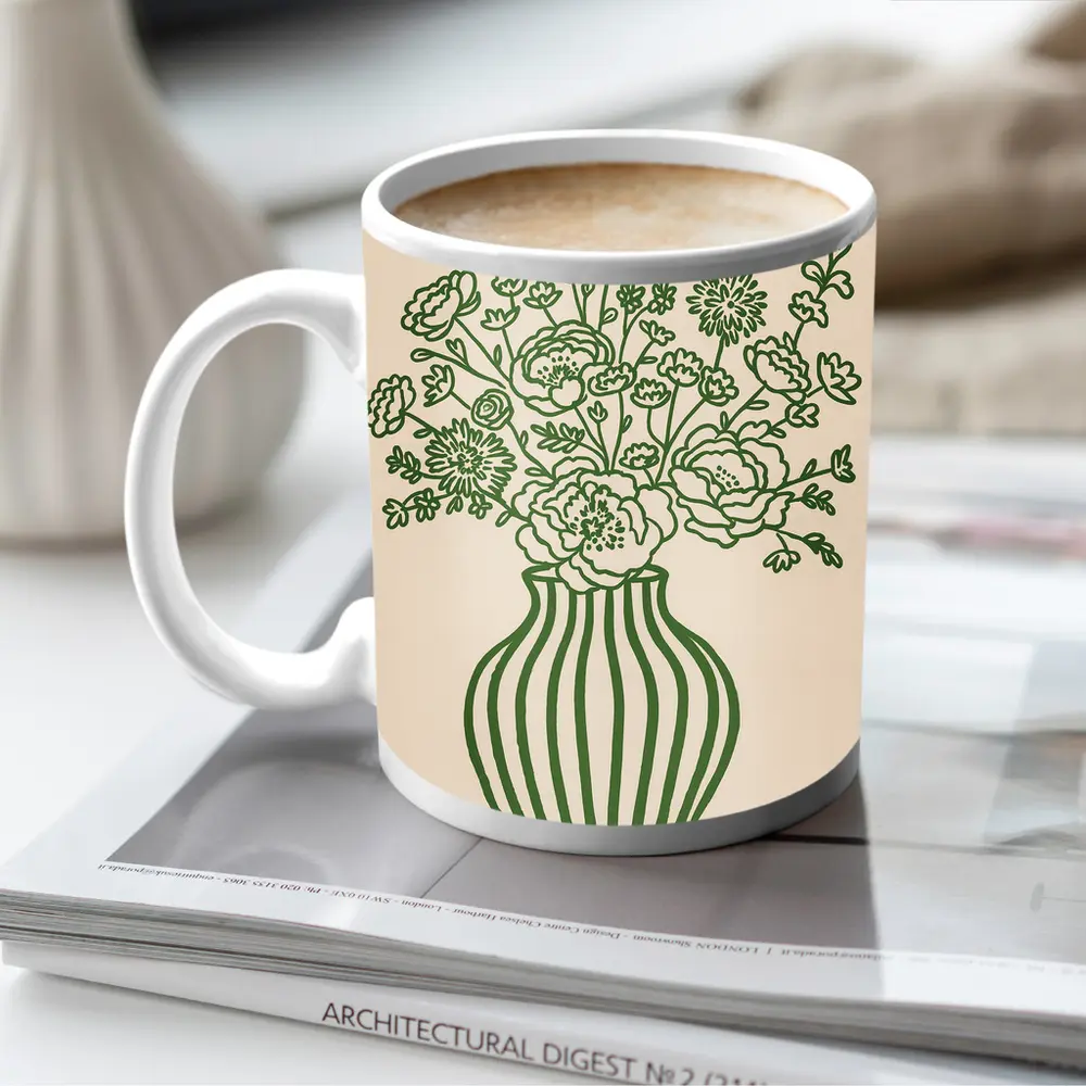 Green Line Art Floral Vase Beige Background – Mugs
