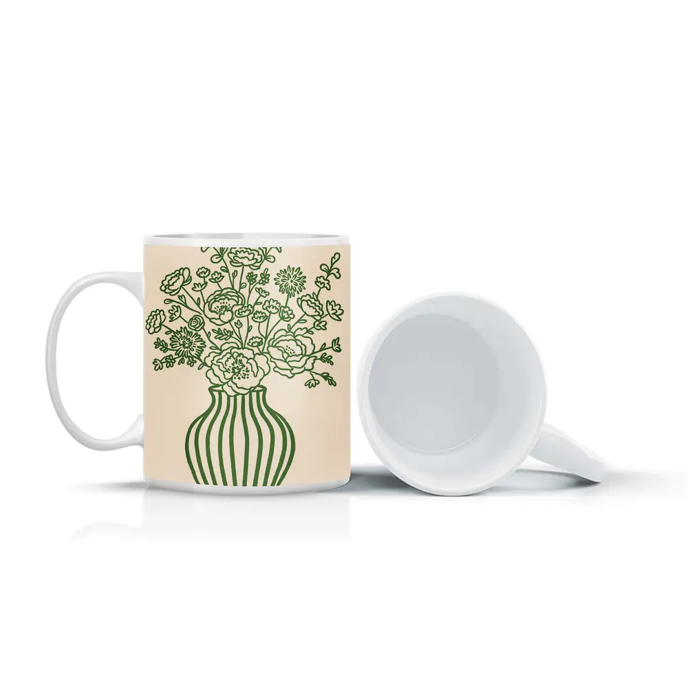 Green Line Art Floral Vase Beige Background – Mugs