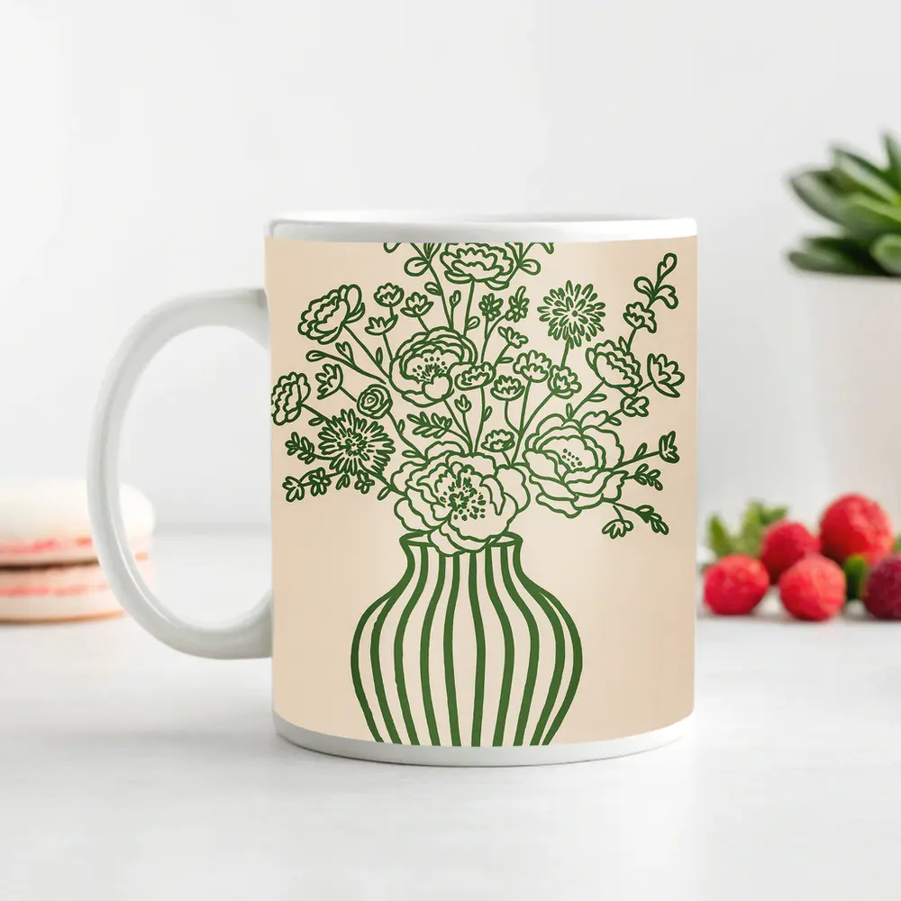 Green Line Art Floral Vase Beige Background – Mugs