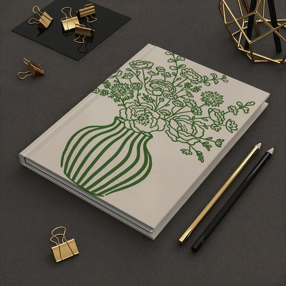 Green Line Art Floral Vase Beige Background – Notebooks