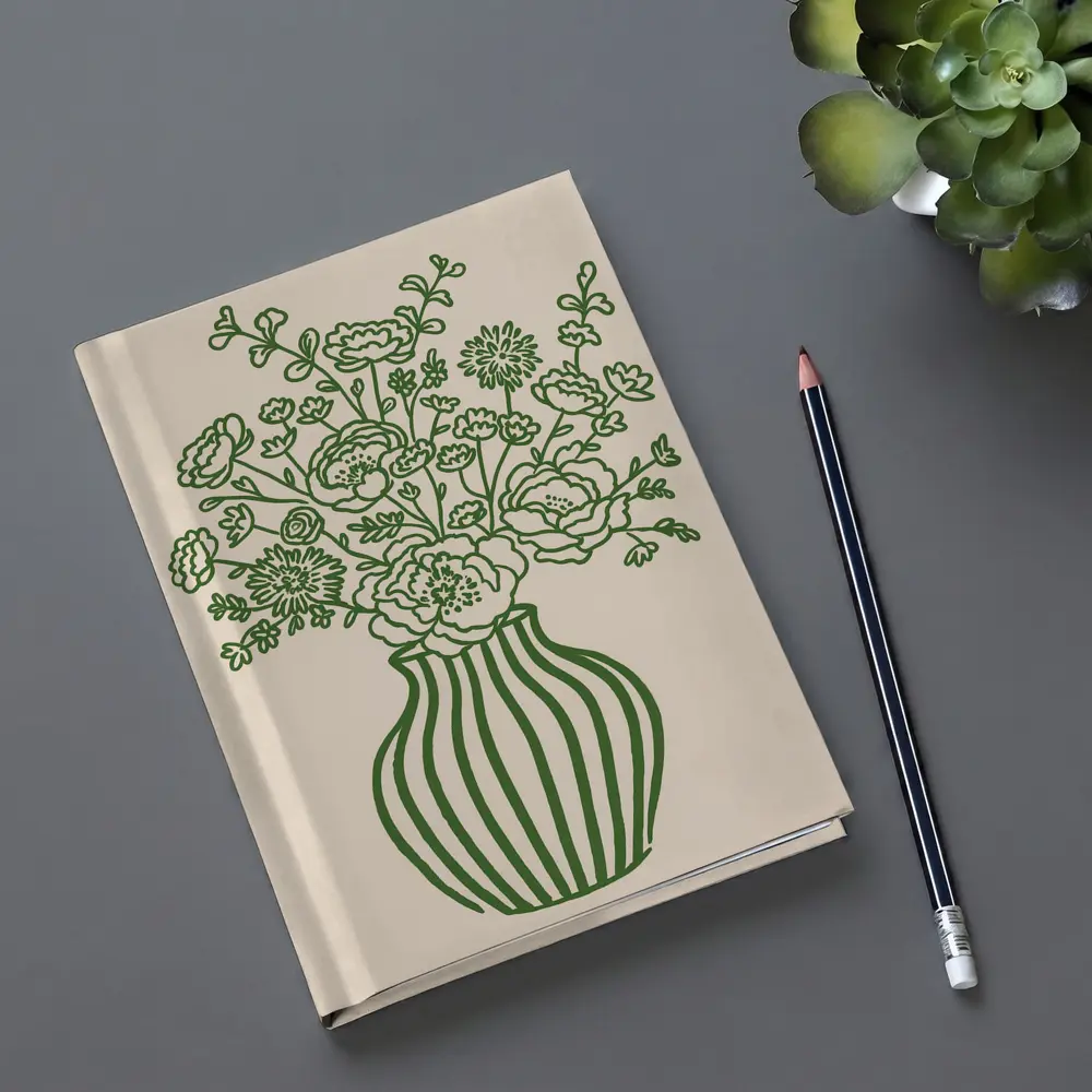 Green Line Art Floral Vase Beige Background – Notebooks