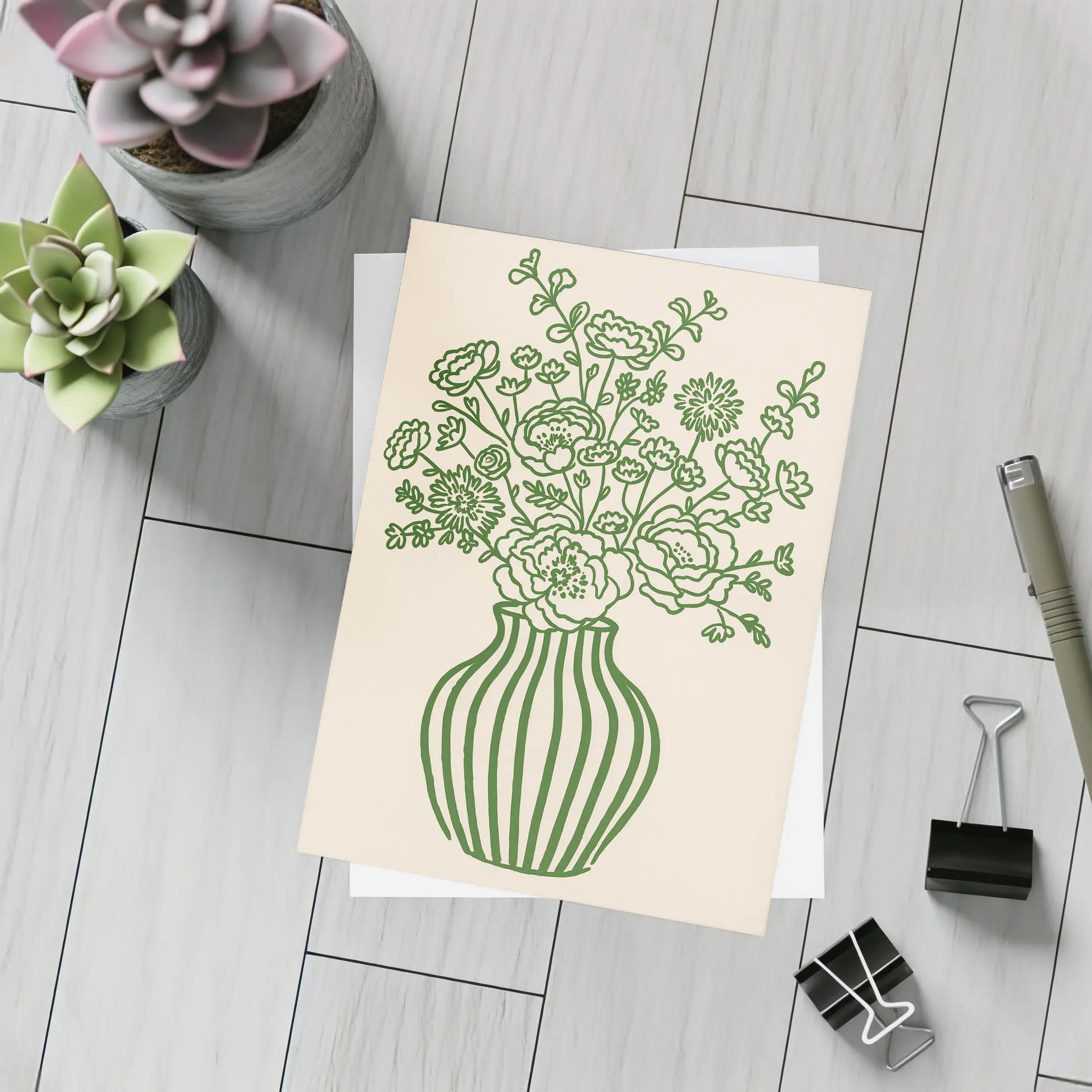 Green Line Art Floral Vase Beige Background – Postcards