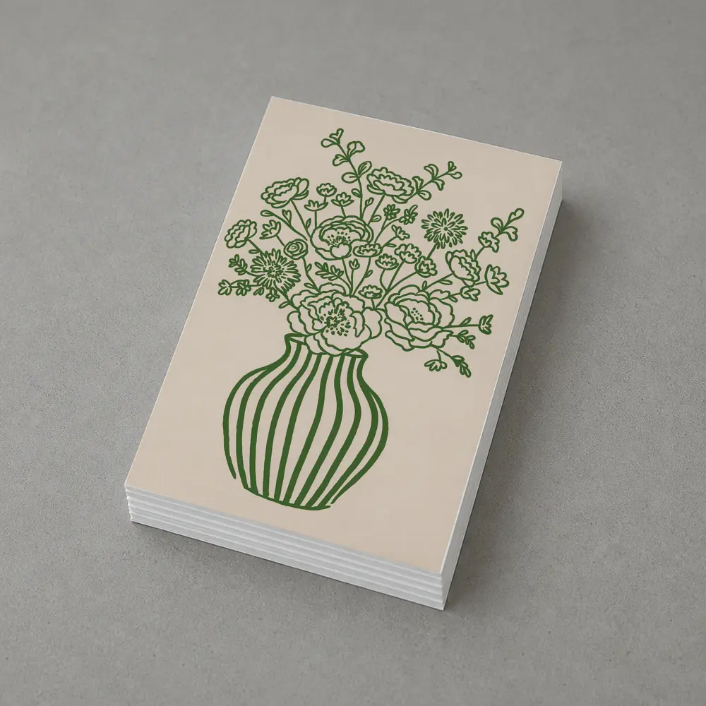 Green Line Art Floral Vase Beige Background – Postcards