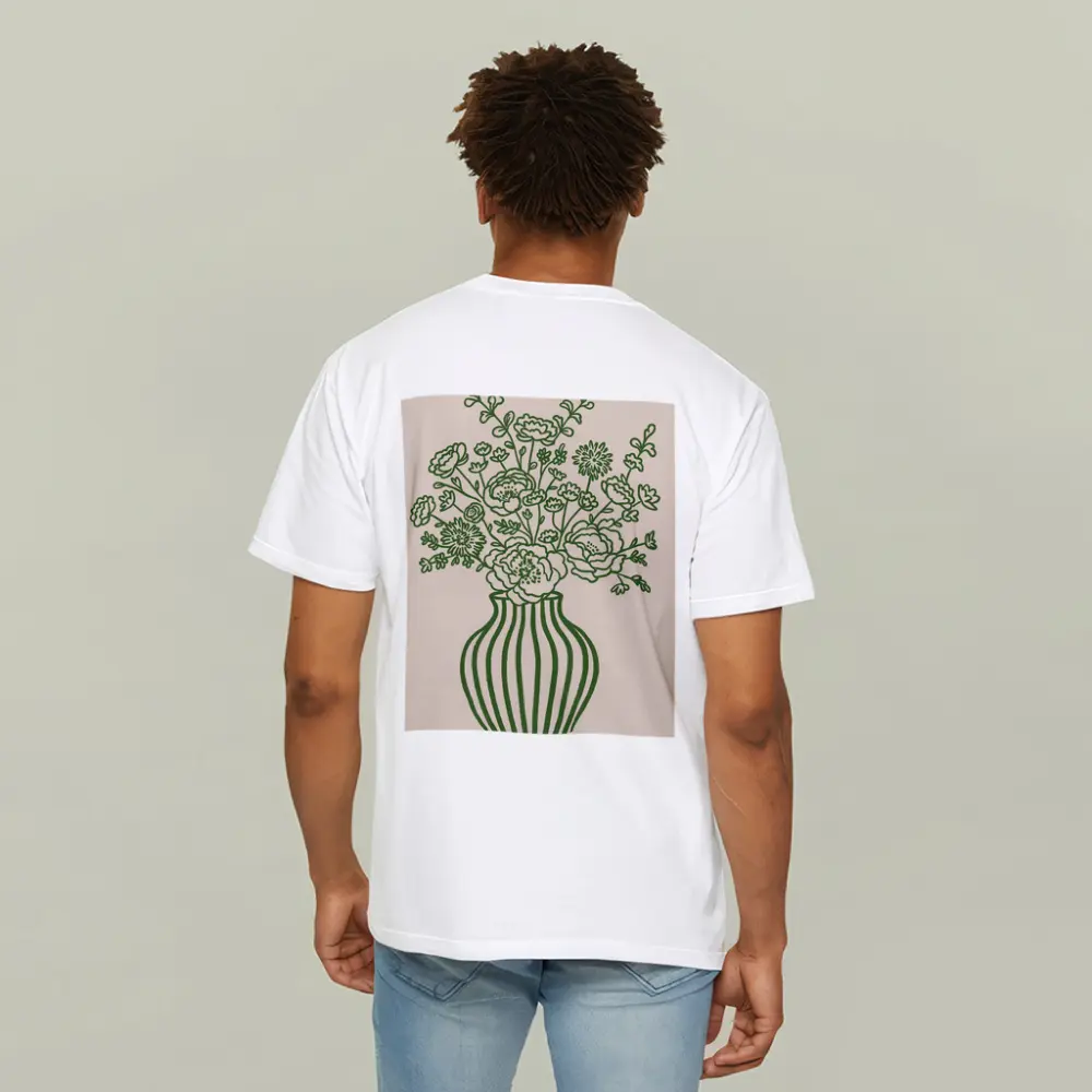 Green Line Art Floral Vase Beige Background – T-Shirts