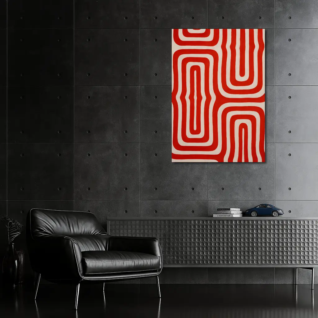 Red Abstract Wavy Lines On Beige – Wall Art