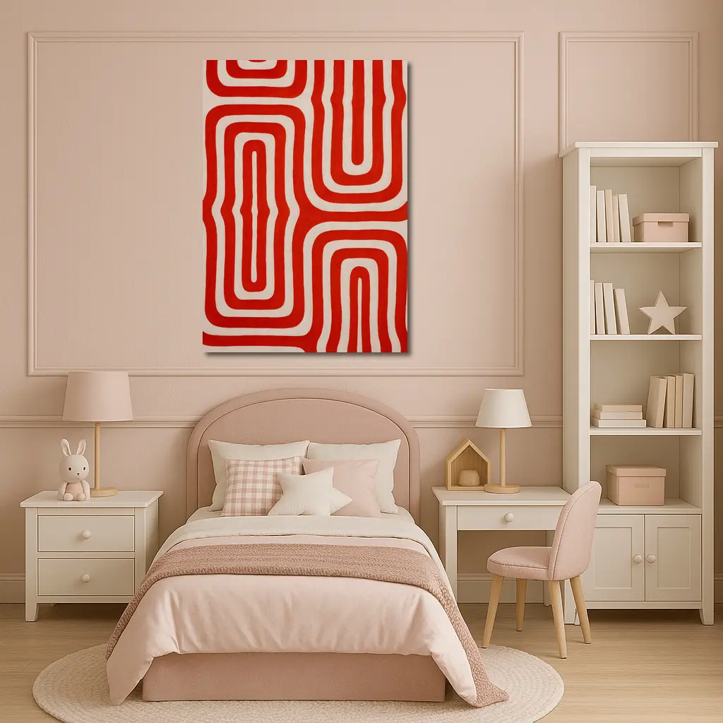 Red Abstract Wavy Lines On Beige – Wall Art