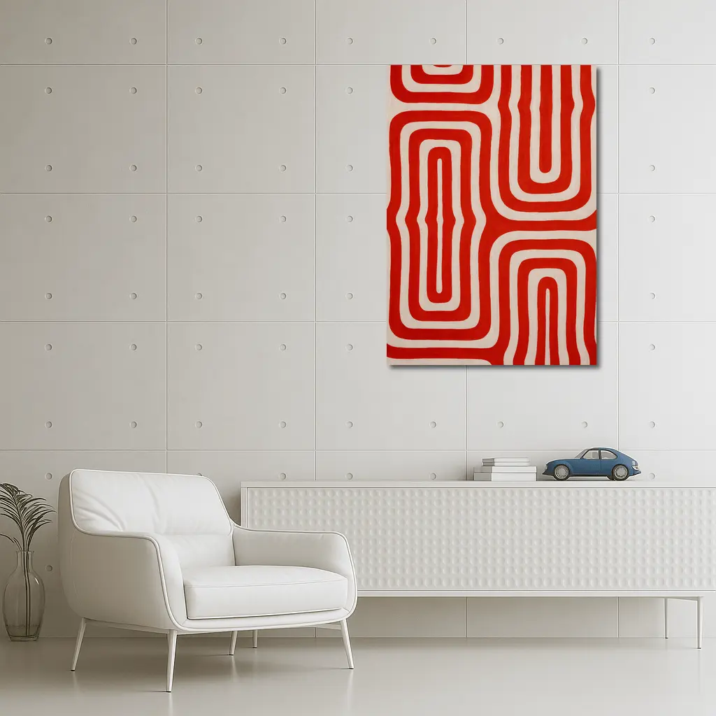 Red Abstract Wavy Lines On Beige – Wall Art