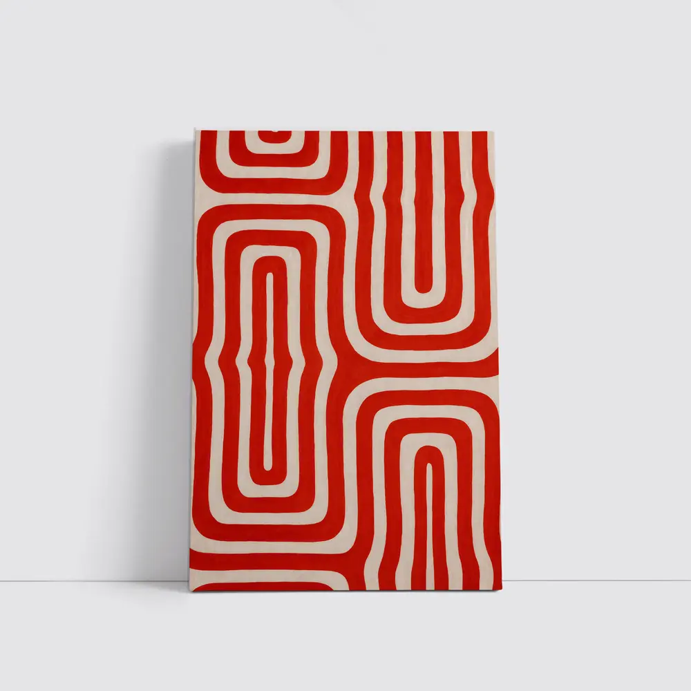 Red Abstract Wavy Lines On Beige – Wall Art