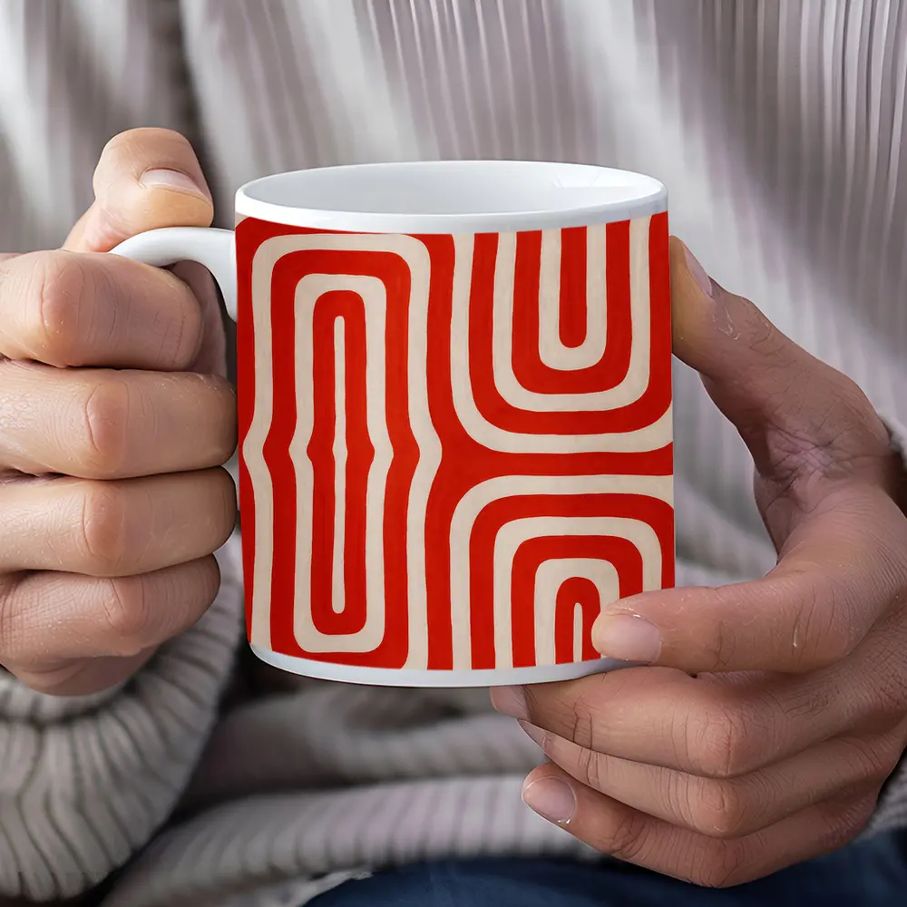 Red Abstract Wavy Lines On Beige – Mugs