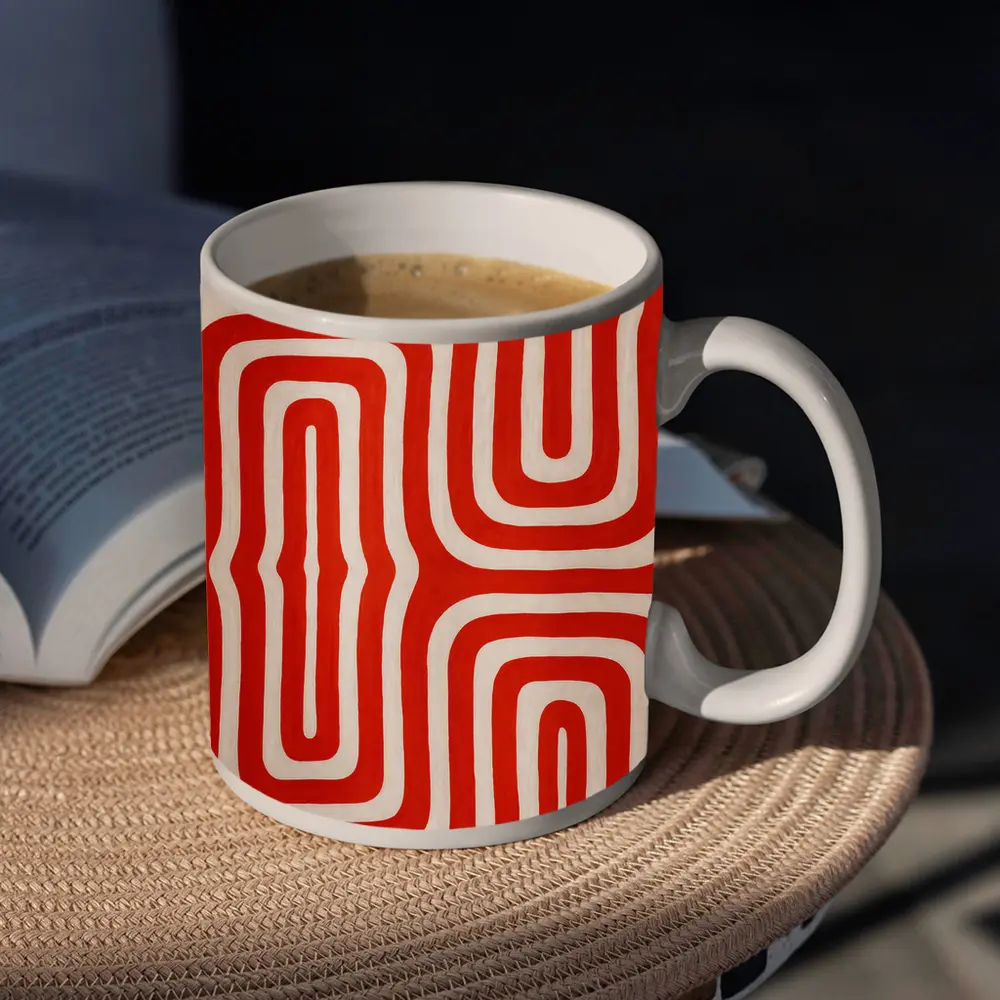 Red Abstract Wavy Lines On Beige – Mugs