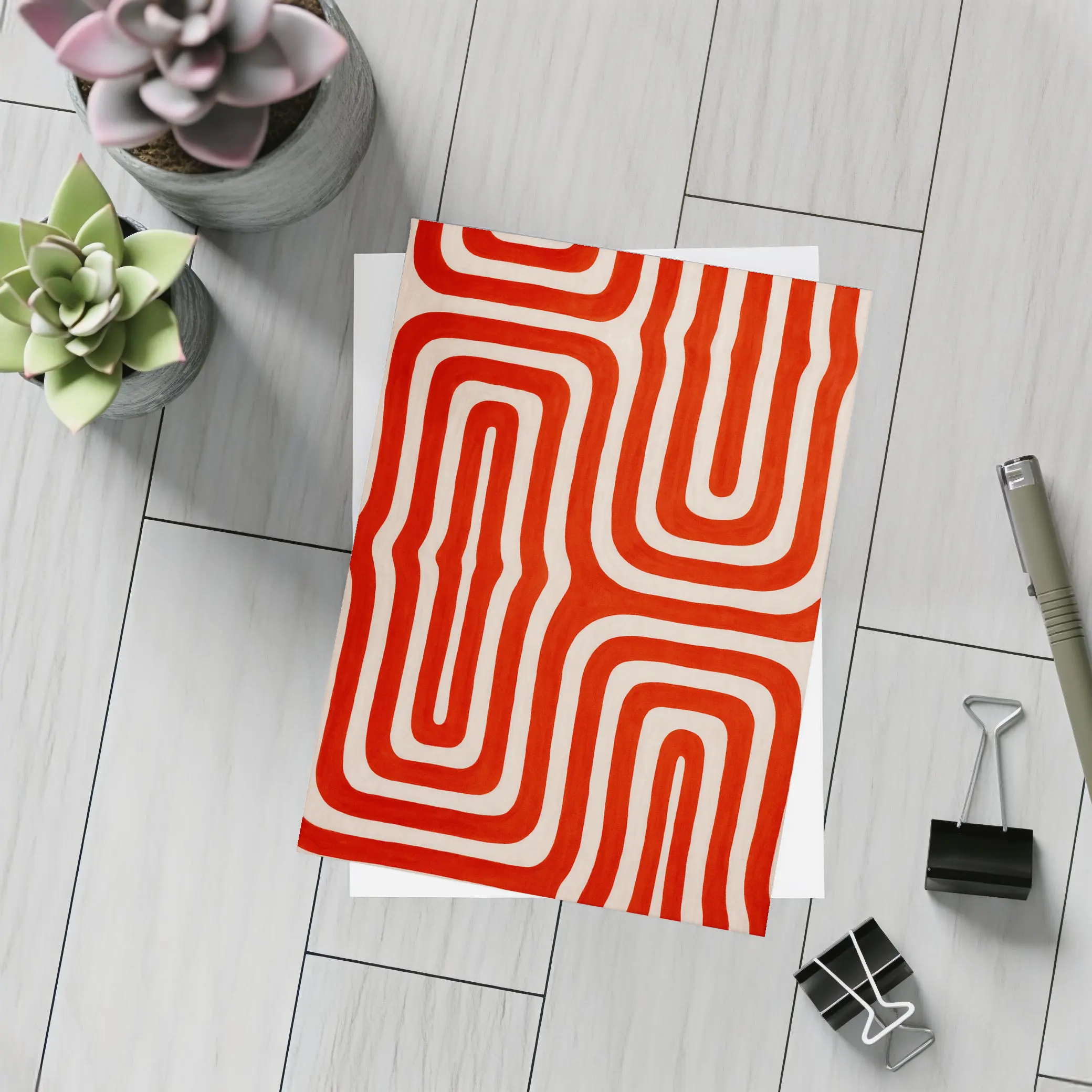 Red Abstract Wavy Lines On Beige – Postcards