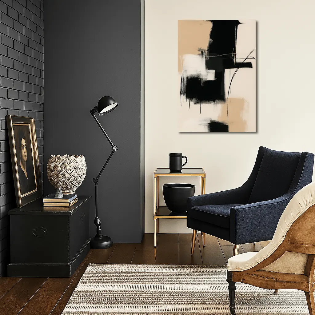 Black Abstract Brushstrokes on Beige Background – Wall Art