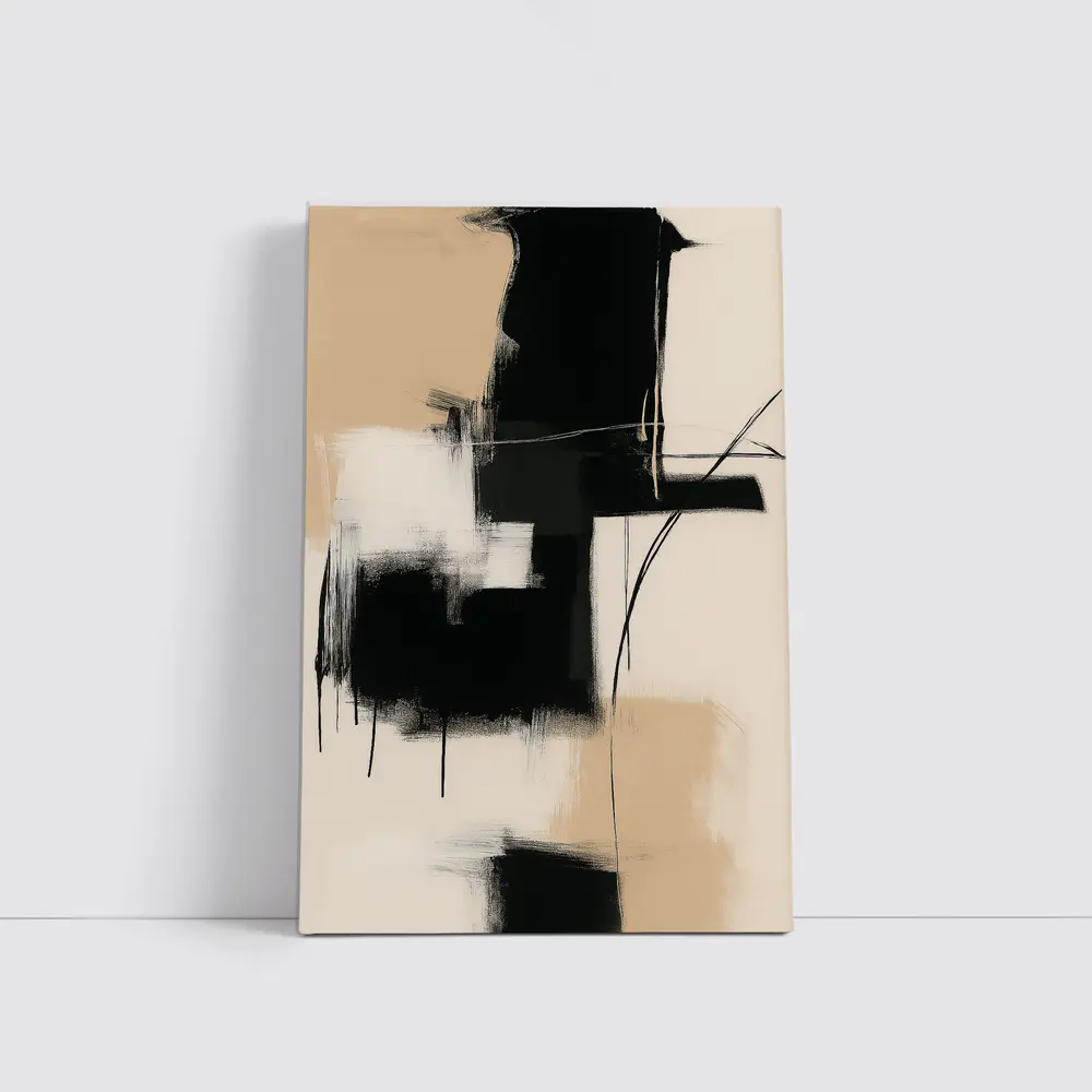 Black Abstract Brushstrokes on Beige Background – Wall Art