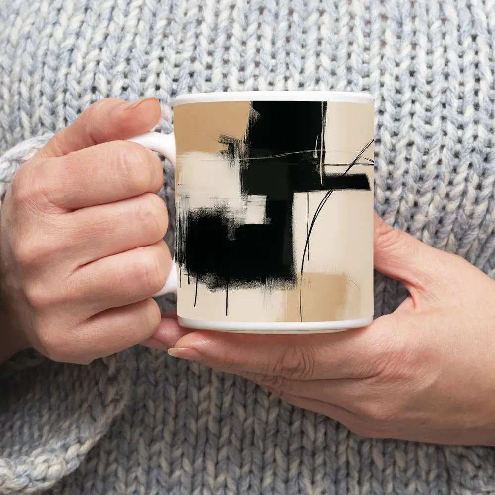 Black Abstract Brushstrokes on Beige Background – Mugs