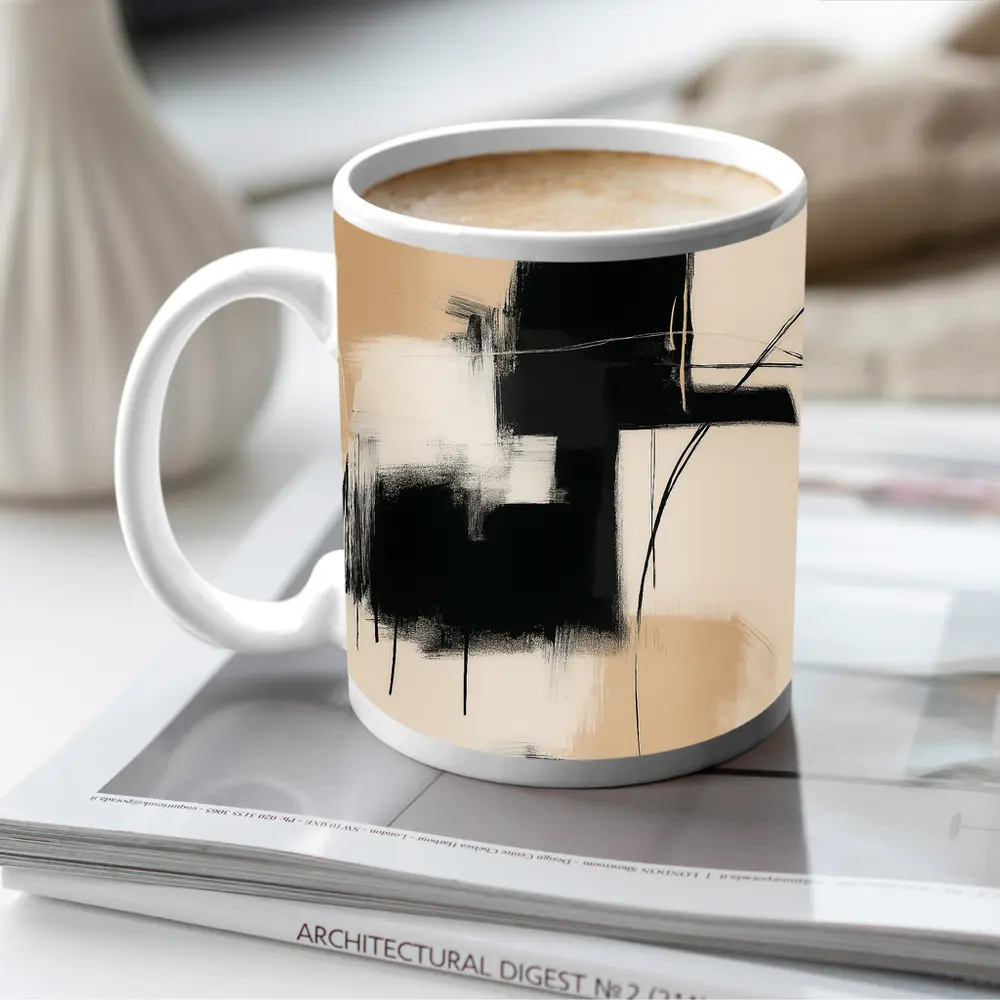 Black Abstract Brushstrokes on Beige Background – Mugs