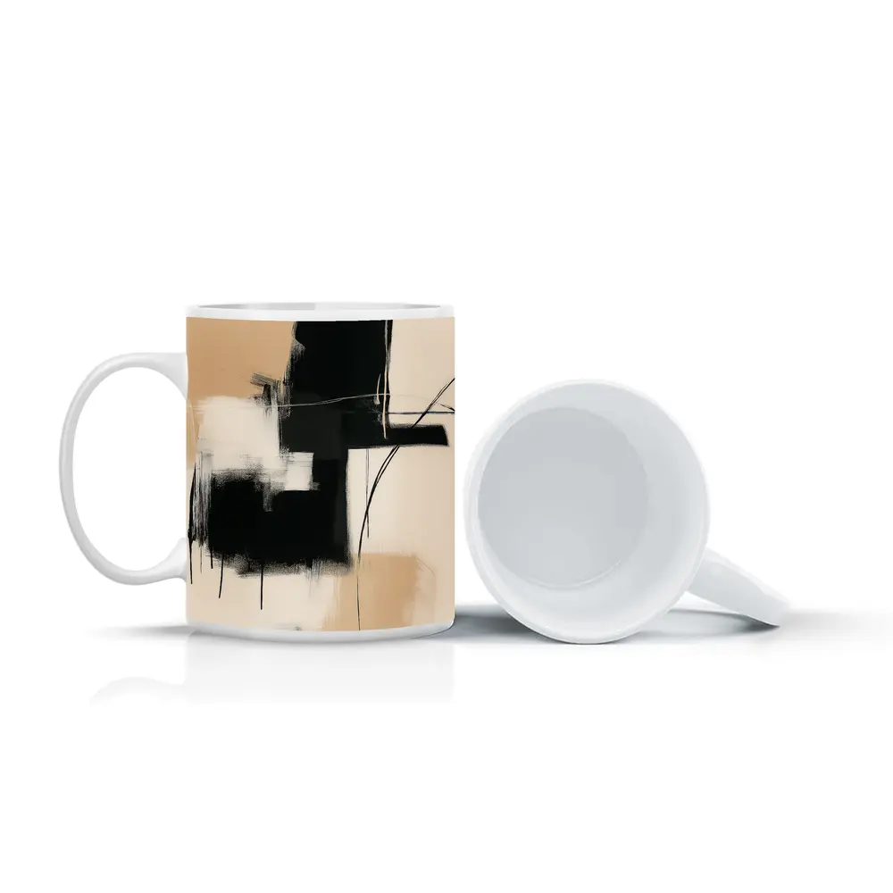 Black Abstract Brushstrokes on Beige Background – Mugs