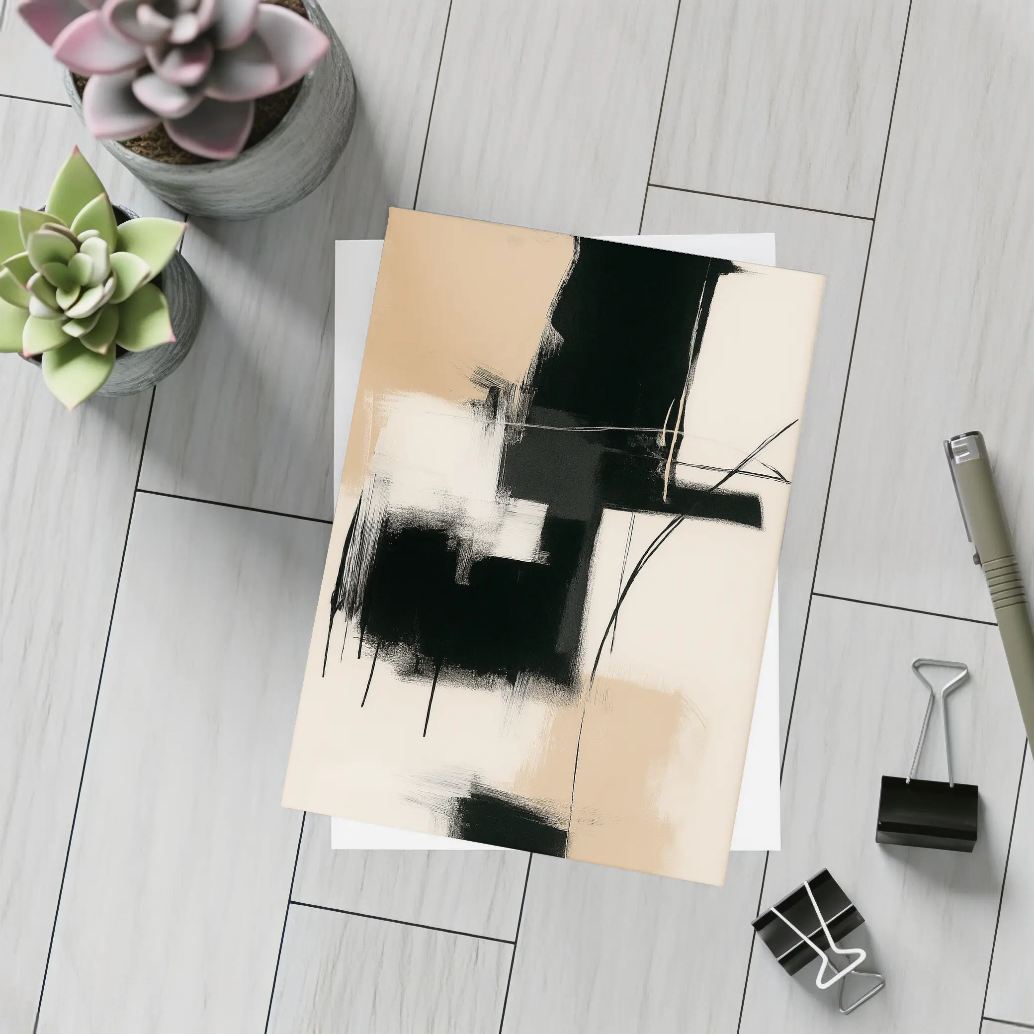 Black Abstract Brushstrokes on Beige Background – Postcards