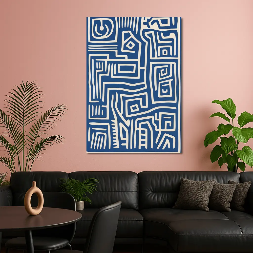 Blue Abstract Tribal Line Art Pattern – Wall Art