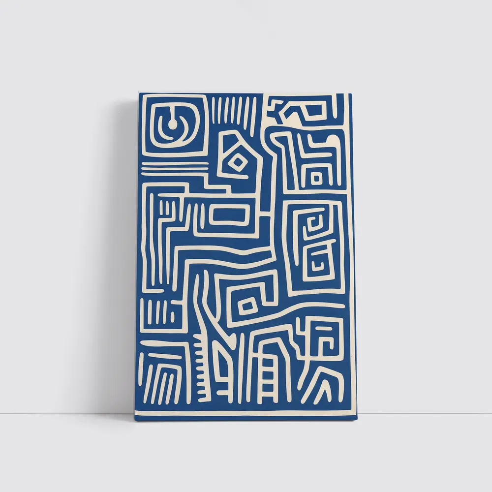 Blue Abstract Tribal Line Art Pattern – Wall Art