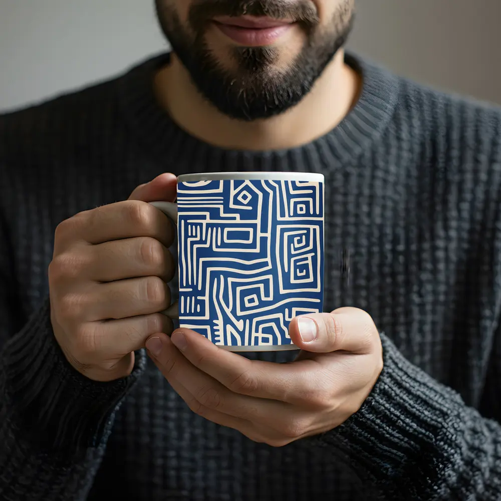 Blue Abstract Tribal Line Art Pattern – Mugs