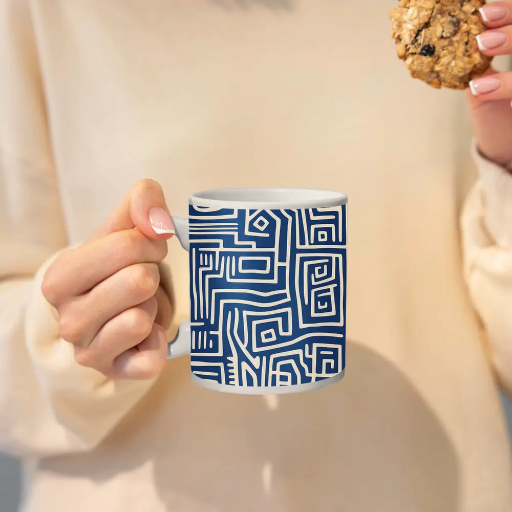Blue Abstract Tribal Line Art Pattern – Mugs