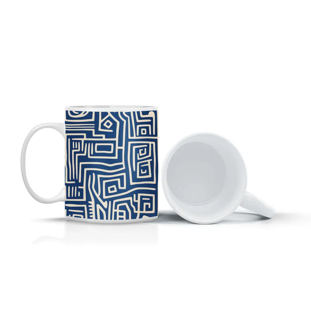 Blue Abstract Tribal Line Art Pattern – Mugs