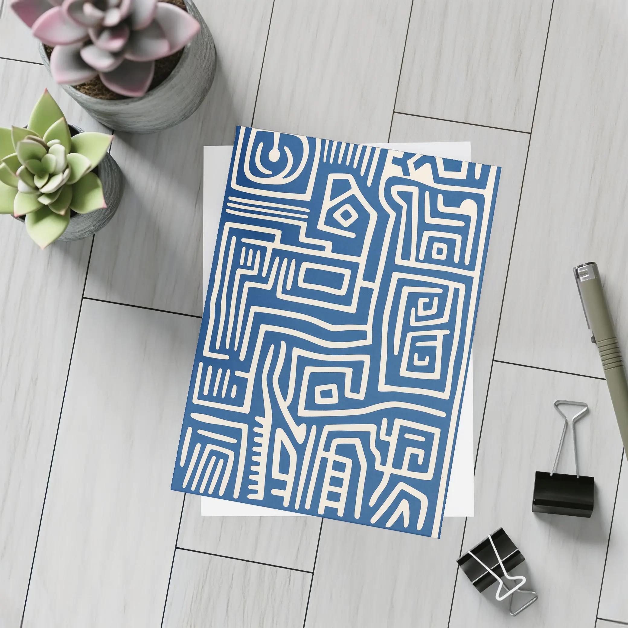 Blue Abstract Tribal Line Art Pattern – Postcards