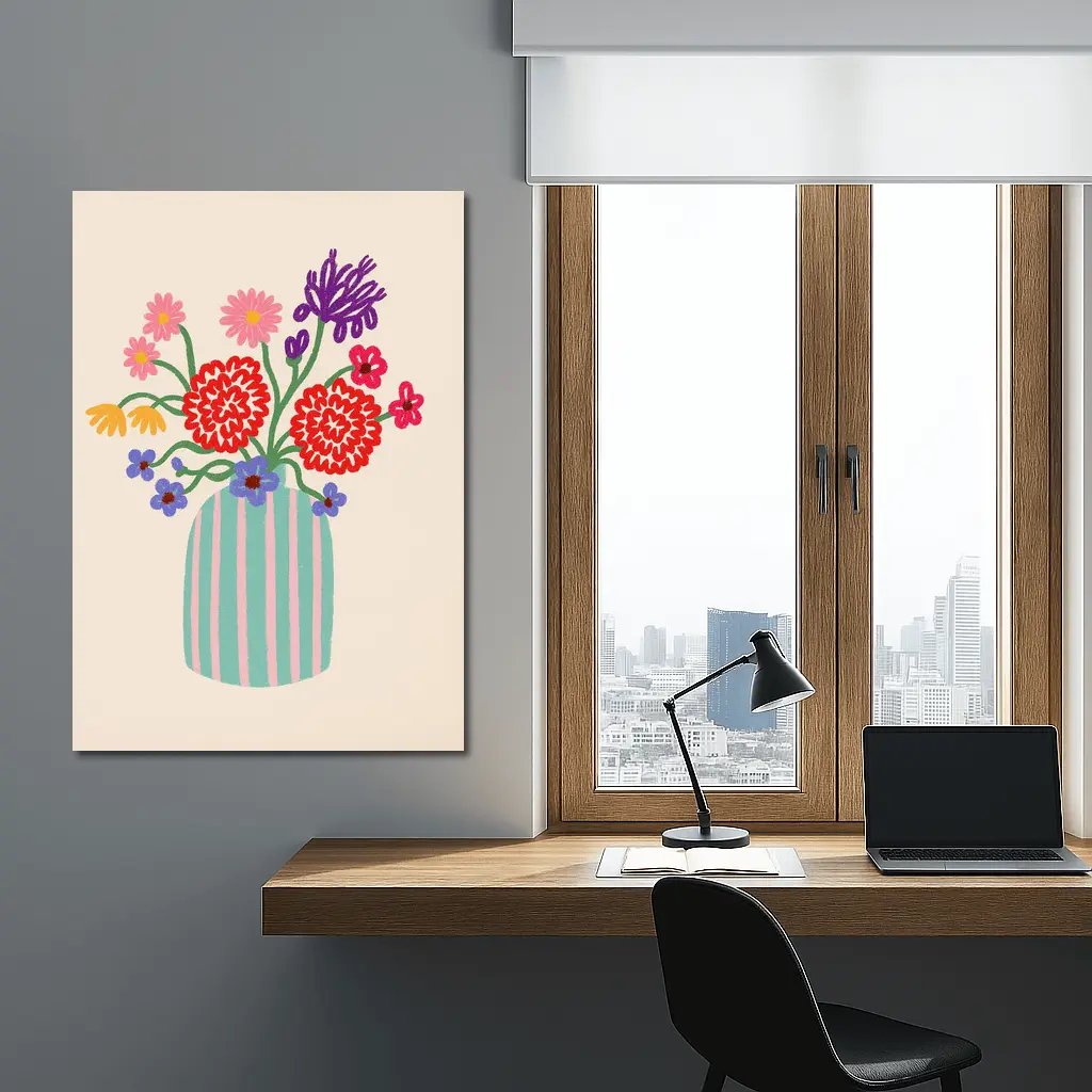 Colorful Bouquet Striped Vase Beige Background – Wall Art