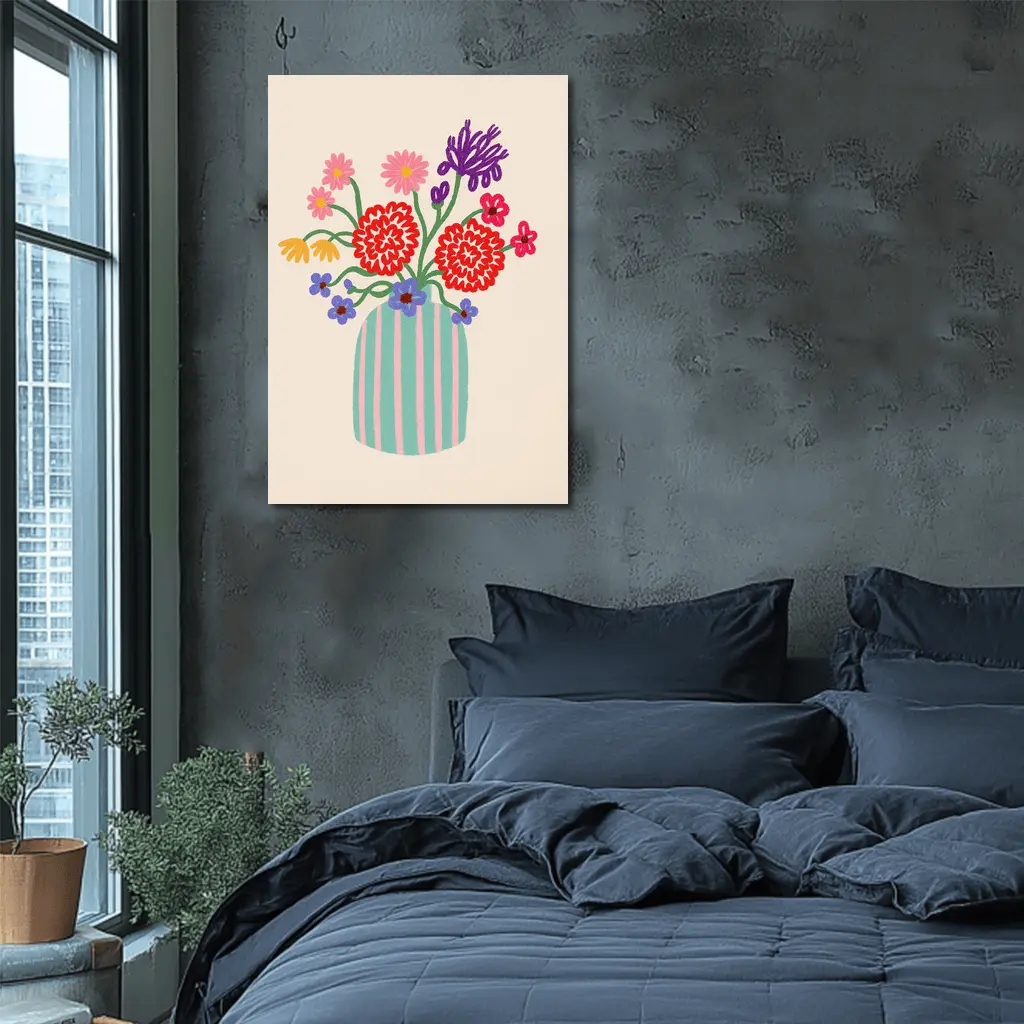 Colorful Bouquet Striped Vase Beige Background – Wall Art