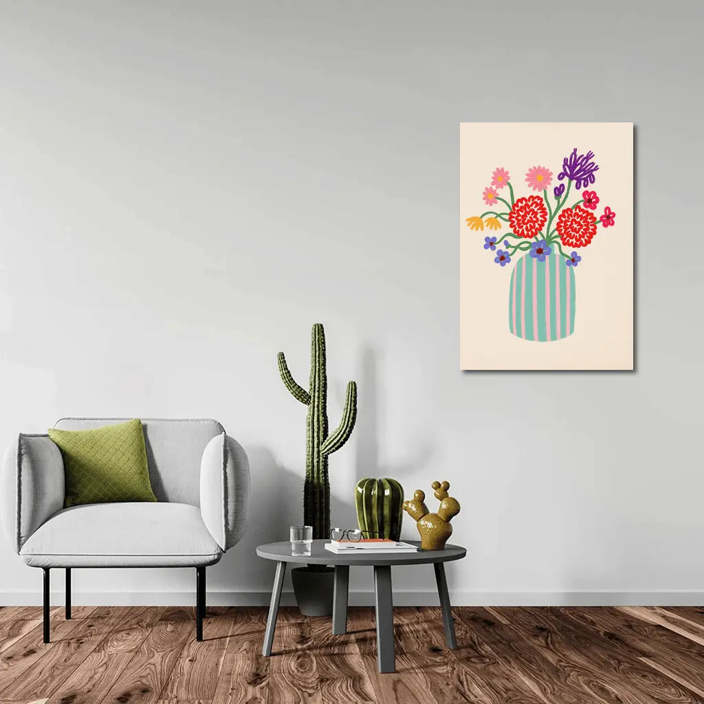 Colorful Bouquet Striped Vase Beige Background – Wall Art