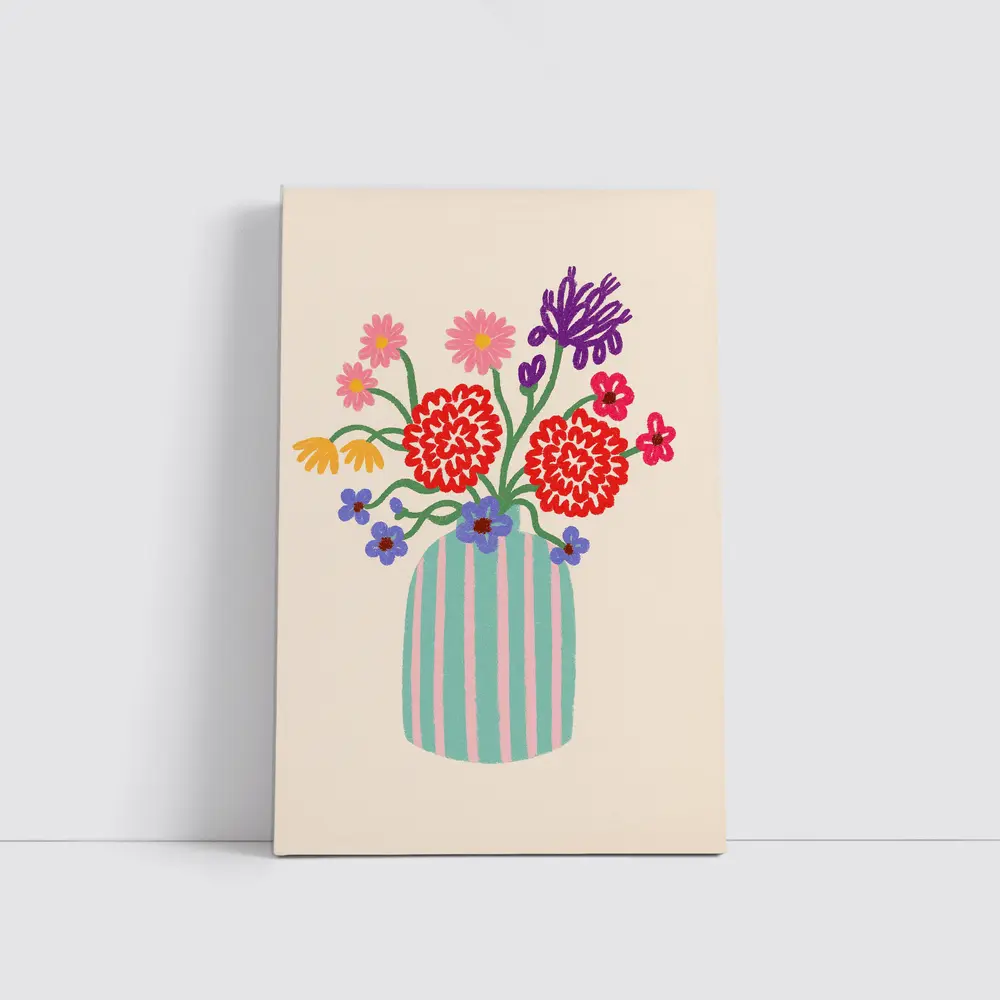 Colorful Bouquet Striped Vase Beige Background – Wall Art