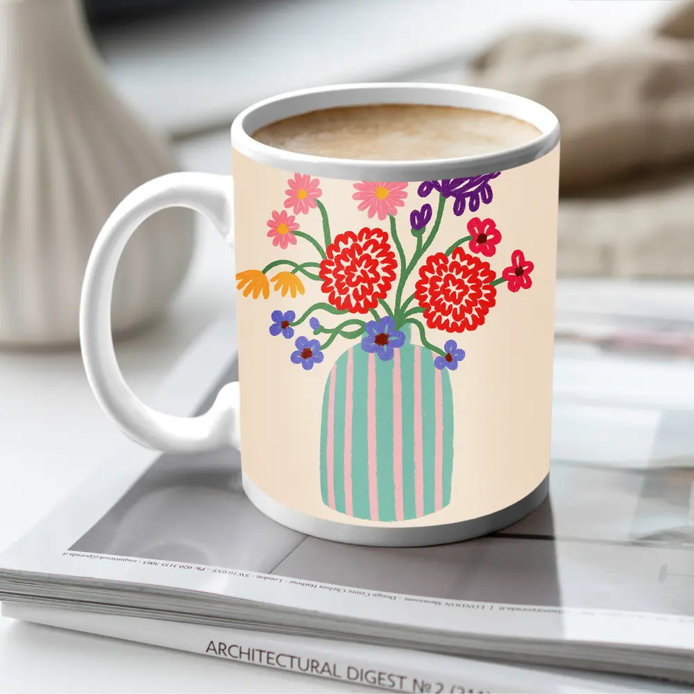 Colorful Bouquet Striped Vase Beige Background – Mugs