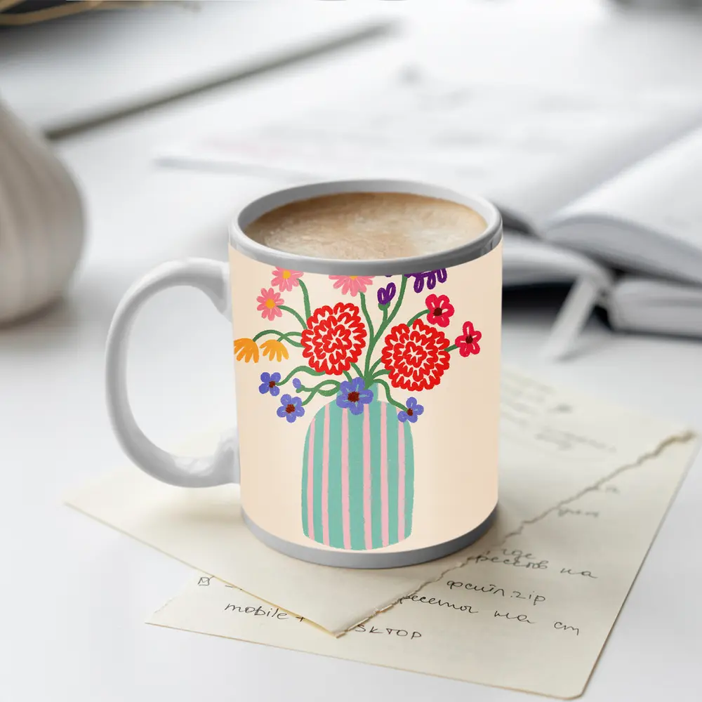 Colorful Bouquet Striped Vase Beige Background – Mugs