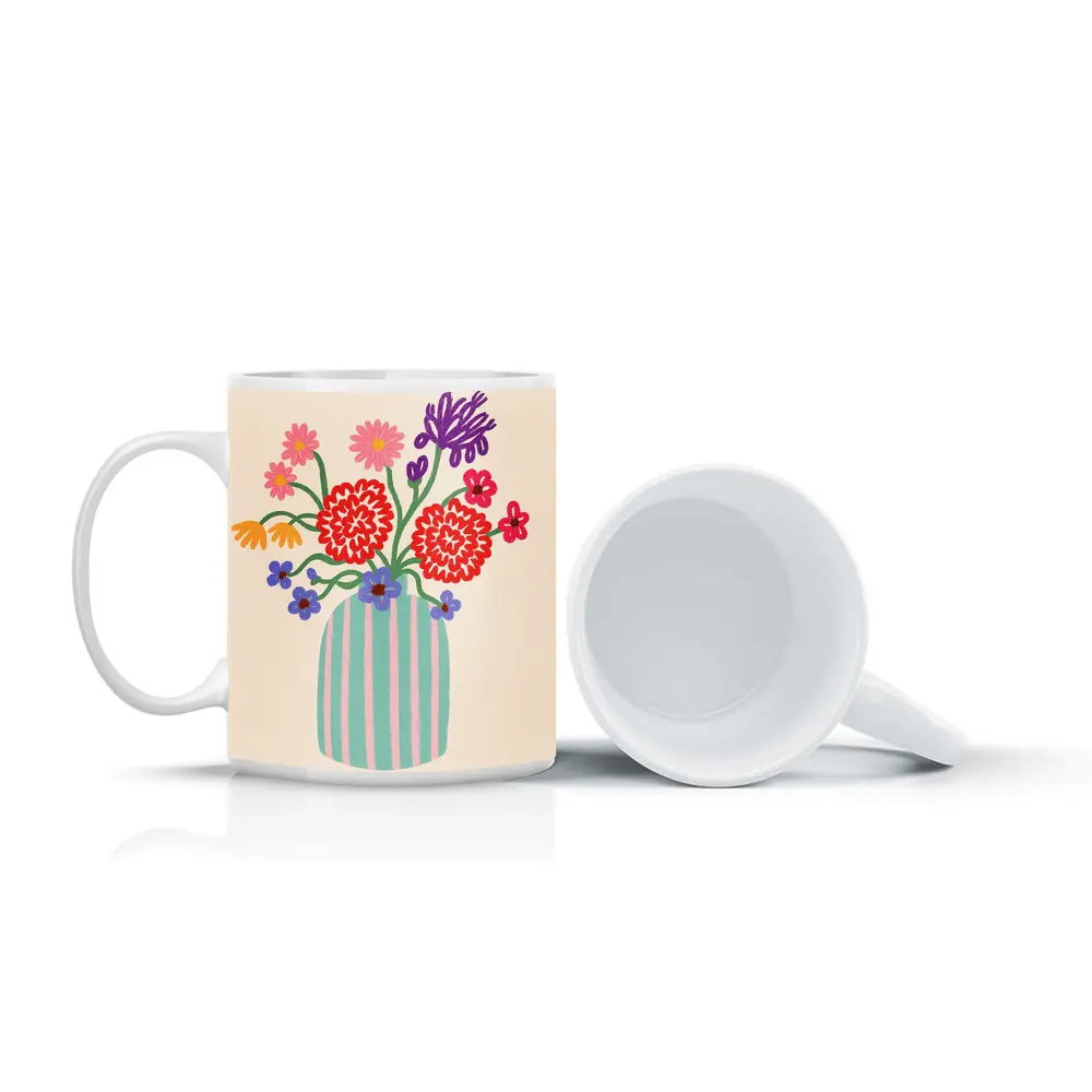 Colorful Bouquet Striped Vase Beige Background – Mugs
