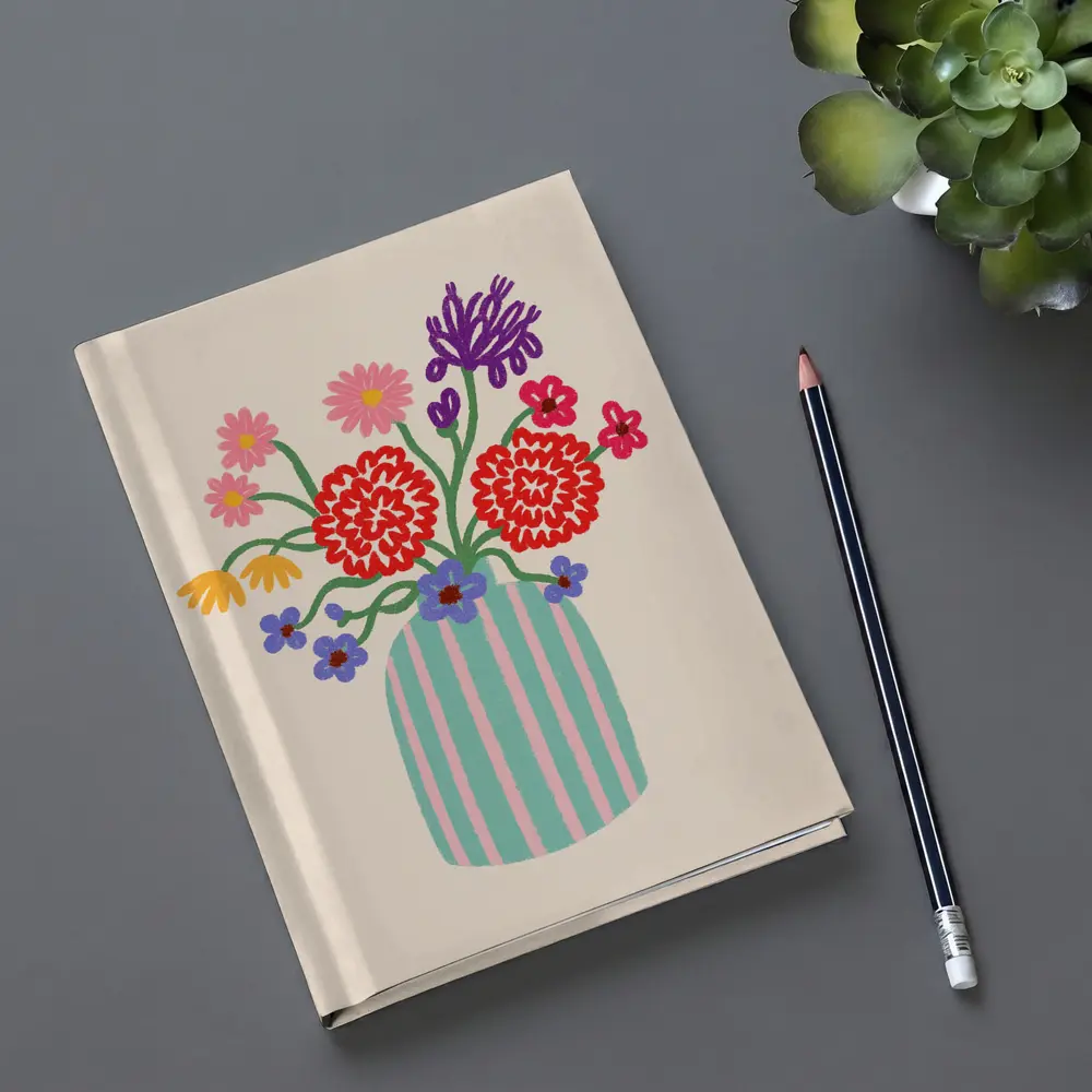 Colorful Bouquet Striped Vase Beige Background – Notebooks