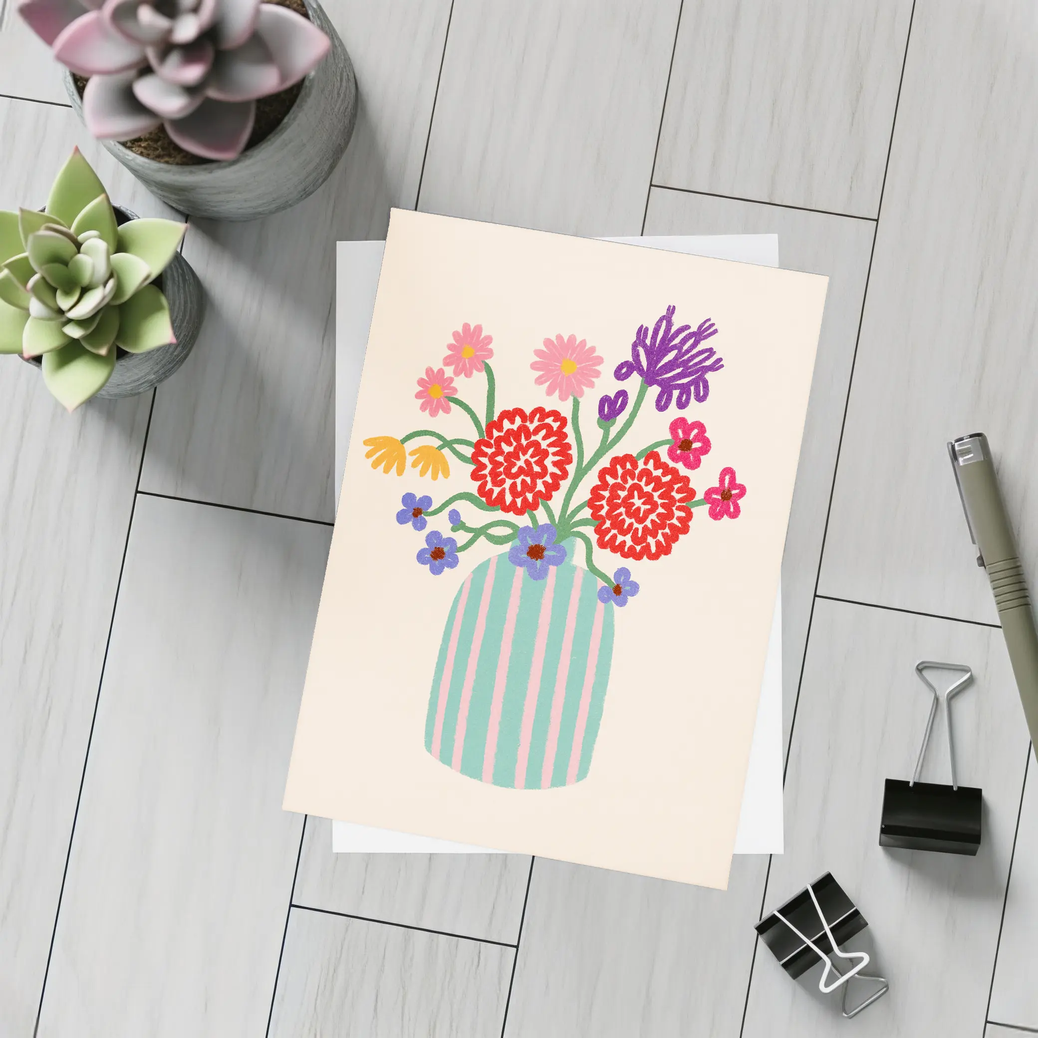 Colorful Bouquet Striped Vase Beige Background – Postcards
