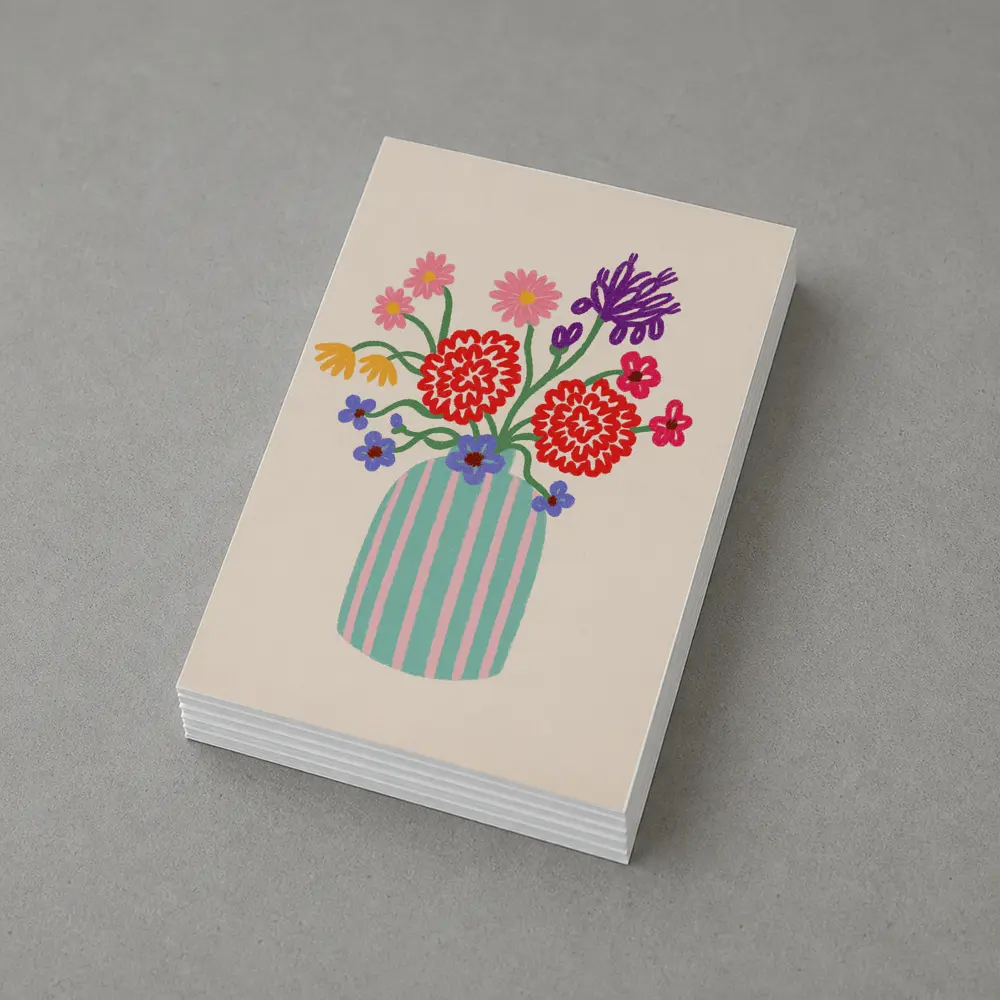 Colorful Bouquet Striped Vase Beige Background – Postcards