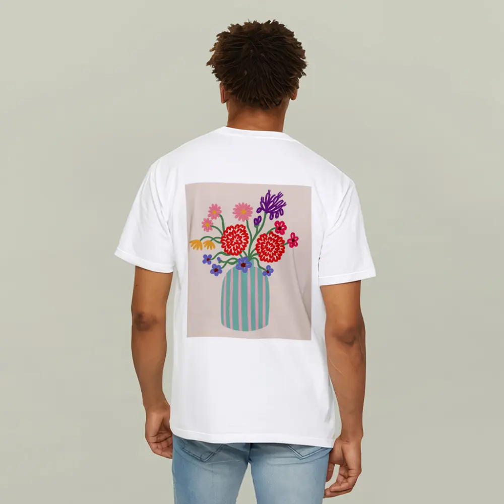 Colorful Bouquet Striped Vase Beige Background – T-Shirts