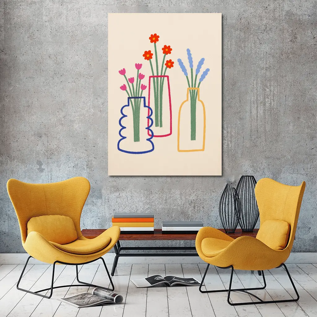 Three Colorful Vases With Flowers Illustration – Wall Art