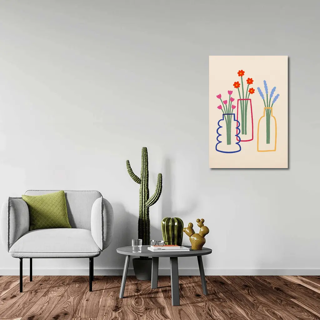 Three Colorful Vases With Flowers Illustration – Wall Art