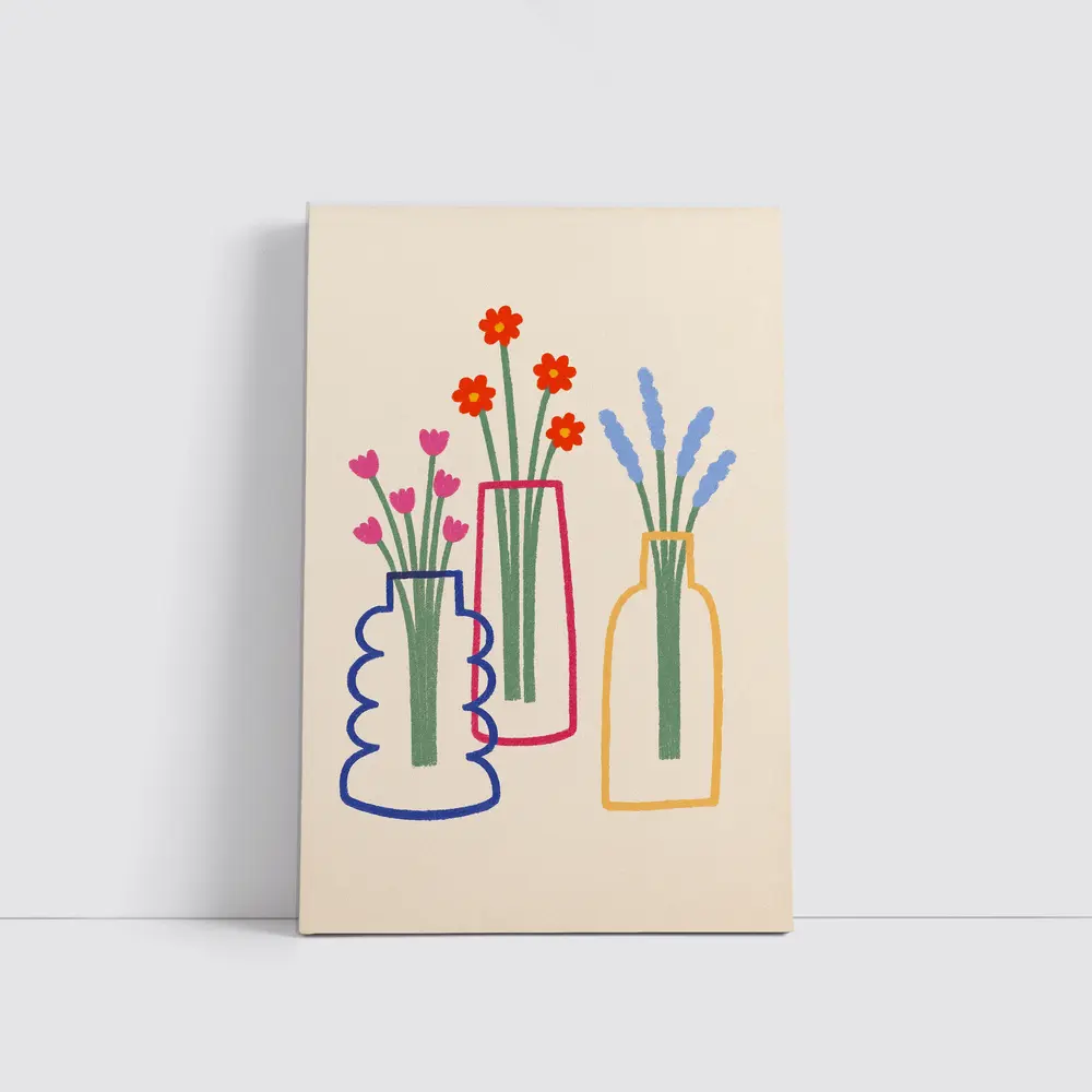 Three Colorful Vases With Flowers Illustration – Wall Art