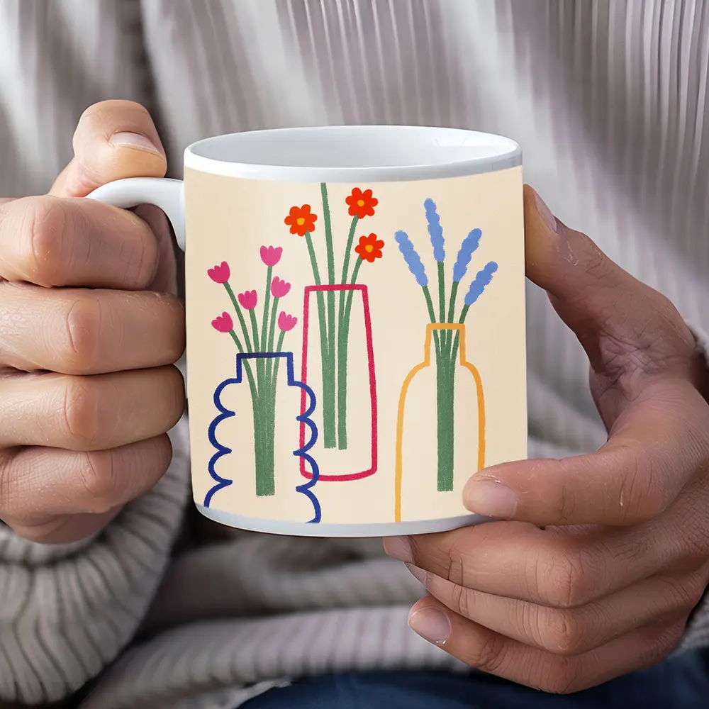 Three Colorful Vases With Flowers Illustration – Mugs